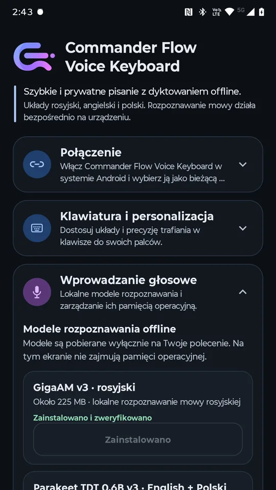 Zarządzanie modelami offline w Commander Flow na Androida: model zainstalowany i zweryfikowany