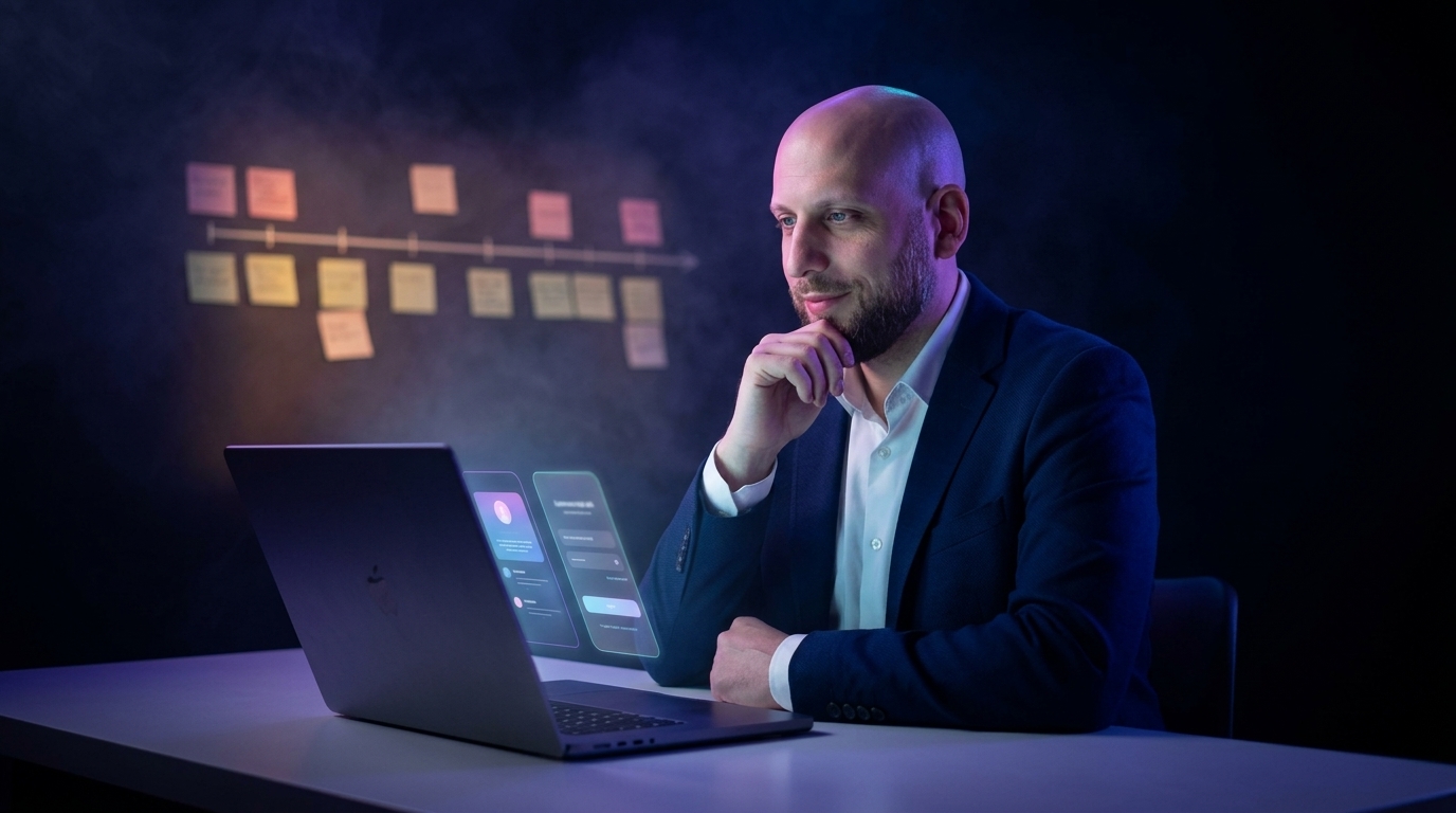 Commander Flow — et år med udvikling af AI diktering: udviklerens skrivebord med bærbar og mikrofon