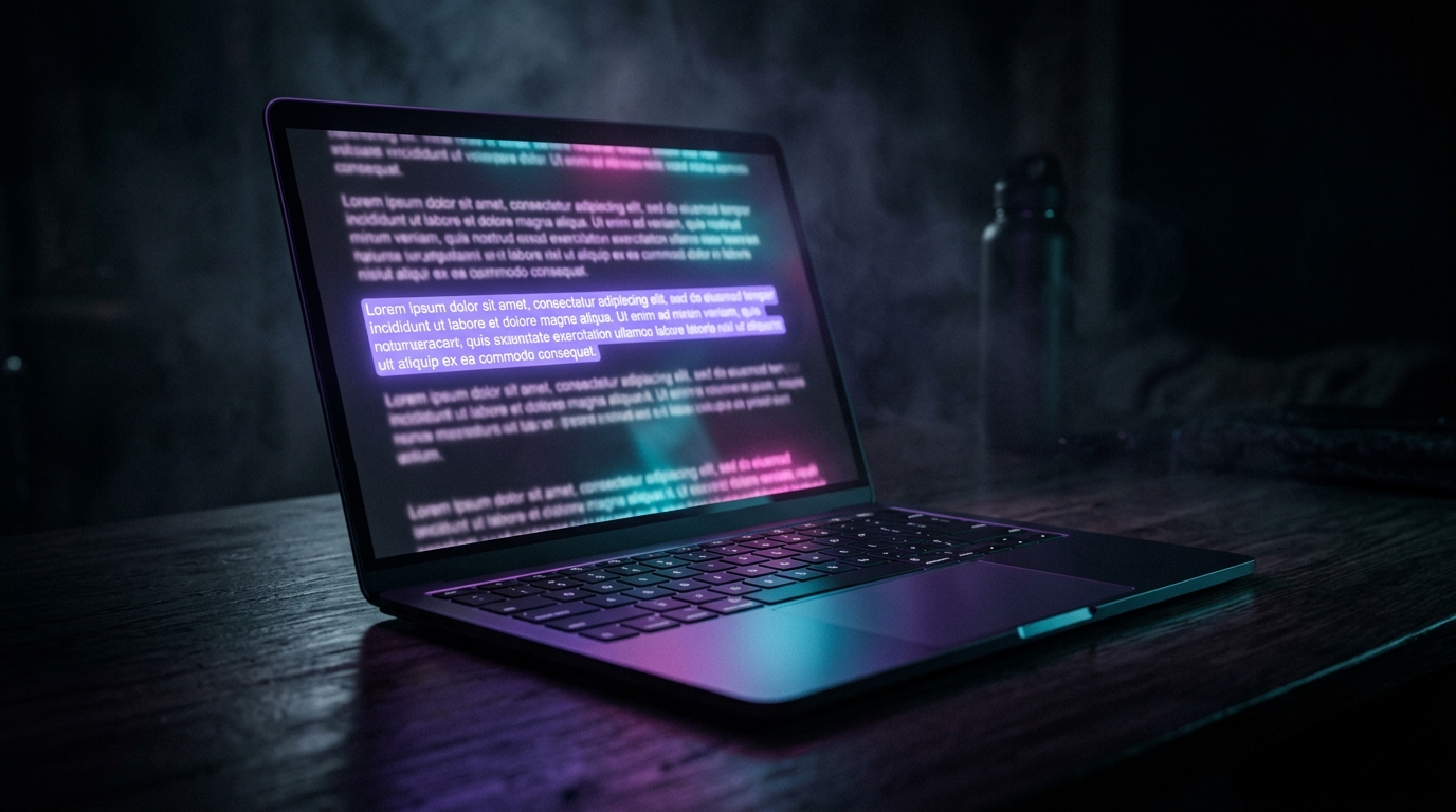 Úprava textu hlasovým příkazem — označený fragment na obrazovce notebooku