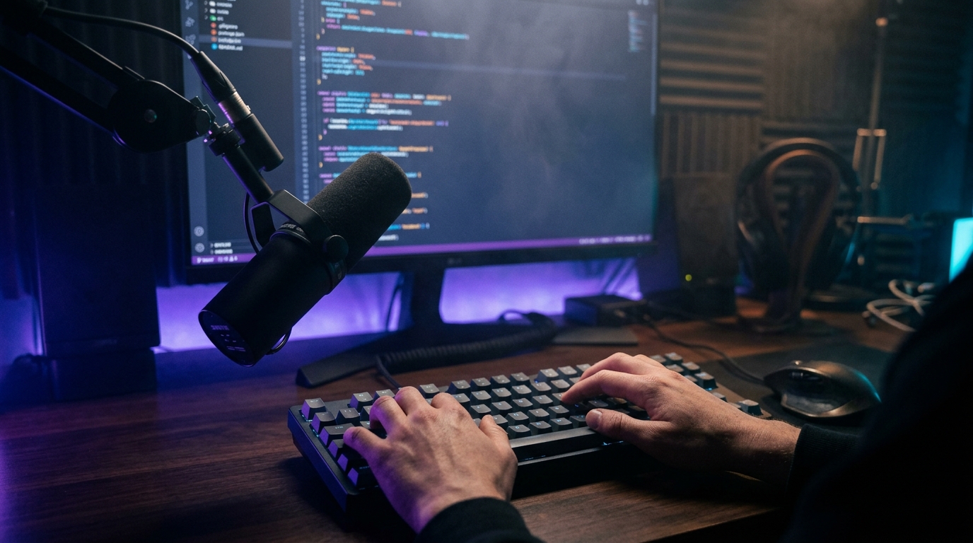 Programování hlasem — ruce vývojáře a mikrofon nad klávesnicí