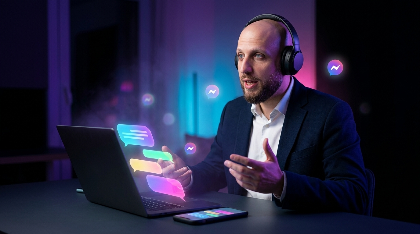 Hlasové zadávání v Telegramu, WhatsAppu, Slacku — telefon a notebook s otevřenými chaty