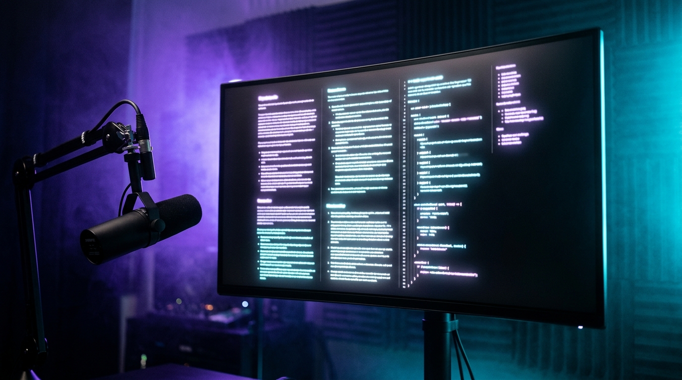 Prompty pro AI hlasem — monitor se strukturovaným promptem a mikrofon v polosvitu