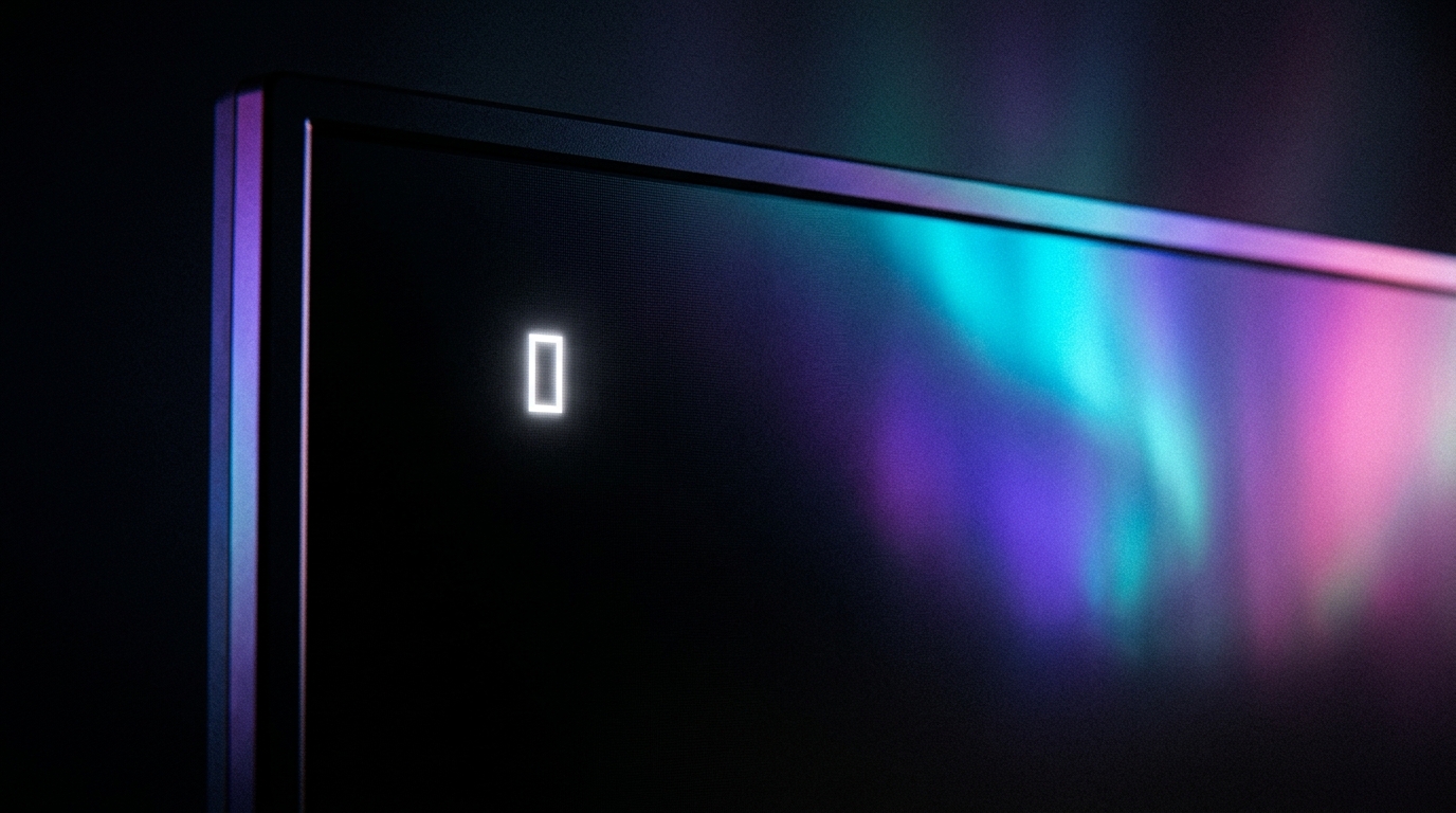 AI editor kódu a hlasové programování IDE — kurzor a aurora odrazy na tmavém monitoru