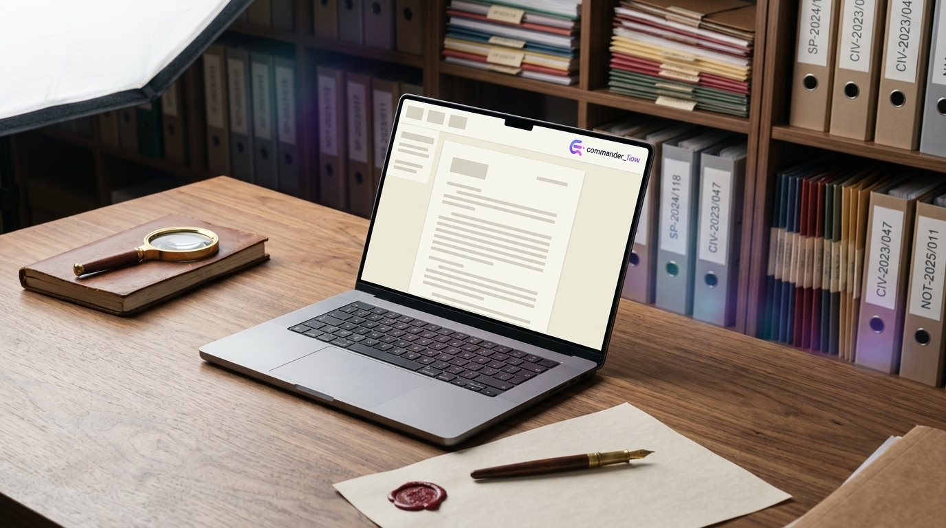 Stůl notářské kanceláře — notebook s konceptem právního dokumentu, plnicí pero, pečetní vosk, kožené portfolio a mikrofon ve světle aurora