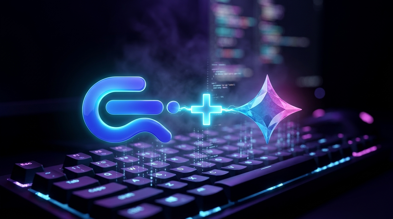 Gemma 4 12B lokalt: logoerne for Commander Flow og Google Gemma forbundet af et skær, over et baggrundsbelyst tastatur i auroralys