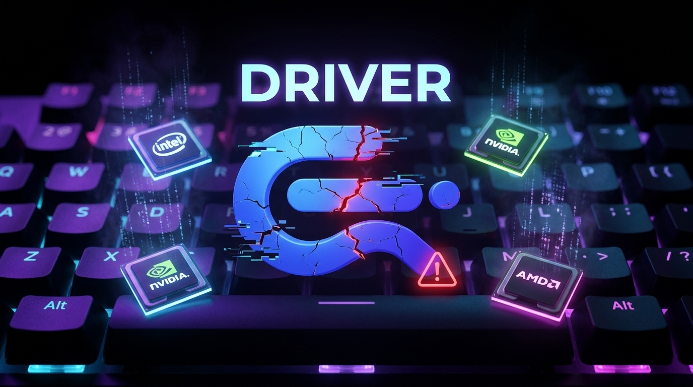 Commander Flow-logo med revner og et fejlikon, ordet DRIVER og chips fra Intel, NVIDIA, AMD på et auroratastatur — opdatere drivere i Windows