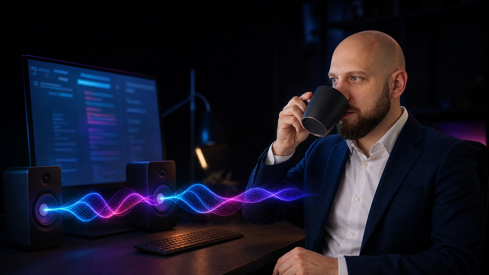 Skaberen af Commander Flow drikker kaffe ved sit skrivebord, mens en lysende lydbølge strømmer fra højttalerne hen imod ham — computeren taler til ham