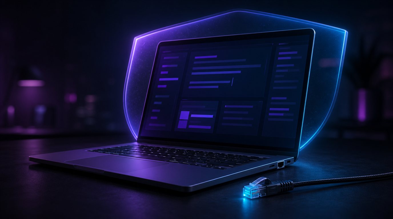 A laptop with the network cable unplugged, still editing text on screen — the AI keeps working offline